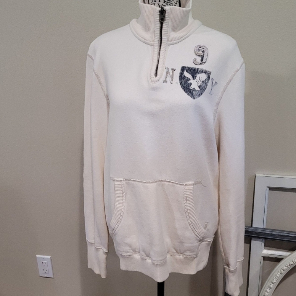 American Eagle Mens Size S 1/4 zip Pullover Collared Sport Ivory w/logo‎ print